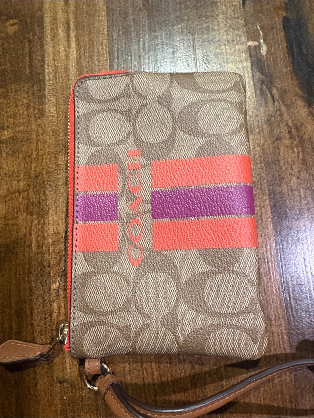 Coach Brown Signature Canvas Wristlet with Coral and Purple Stripes